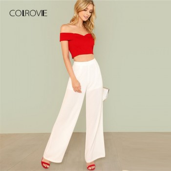  Red Elegant Workwear Sweetheart Slim Crop Top Fold Over Bardot Sleeveless 